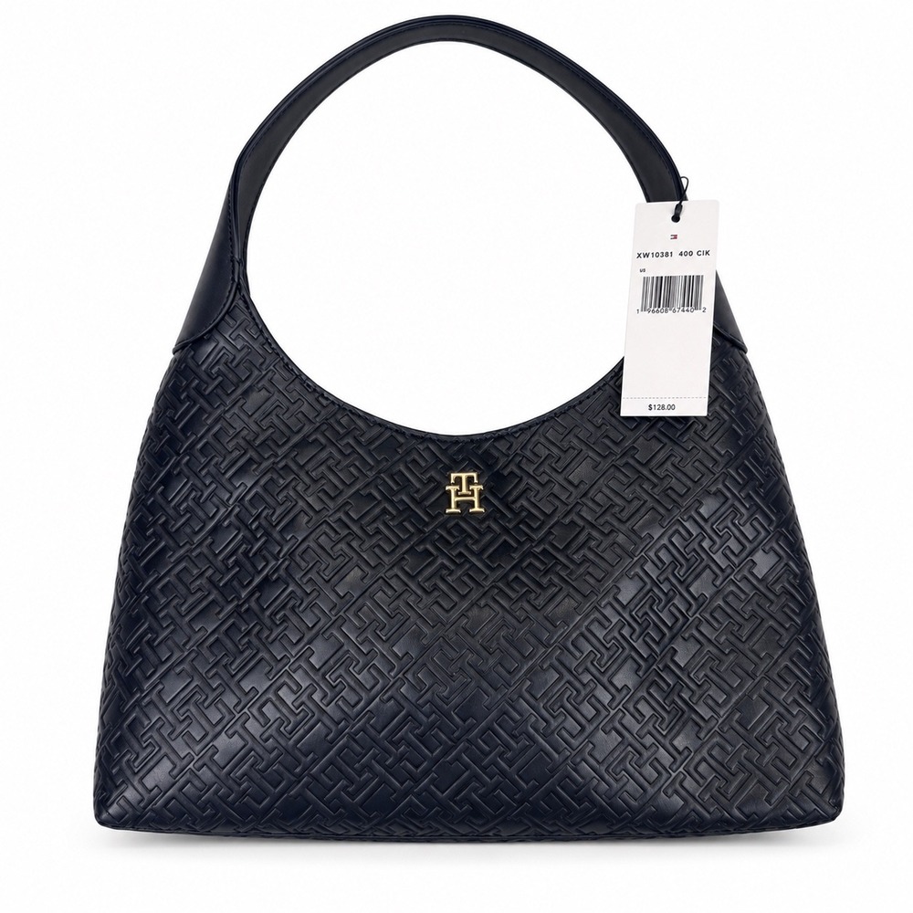 Tommy Hilfiger Navy Blue Monogram Embossed Hobo Shoulder Bag XW10381